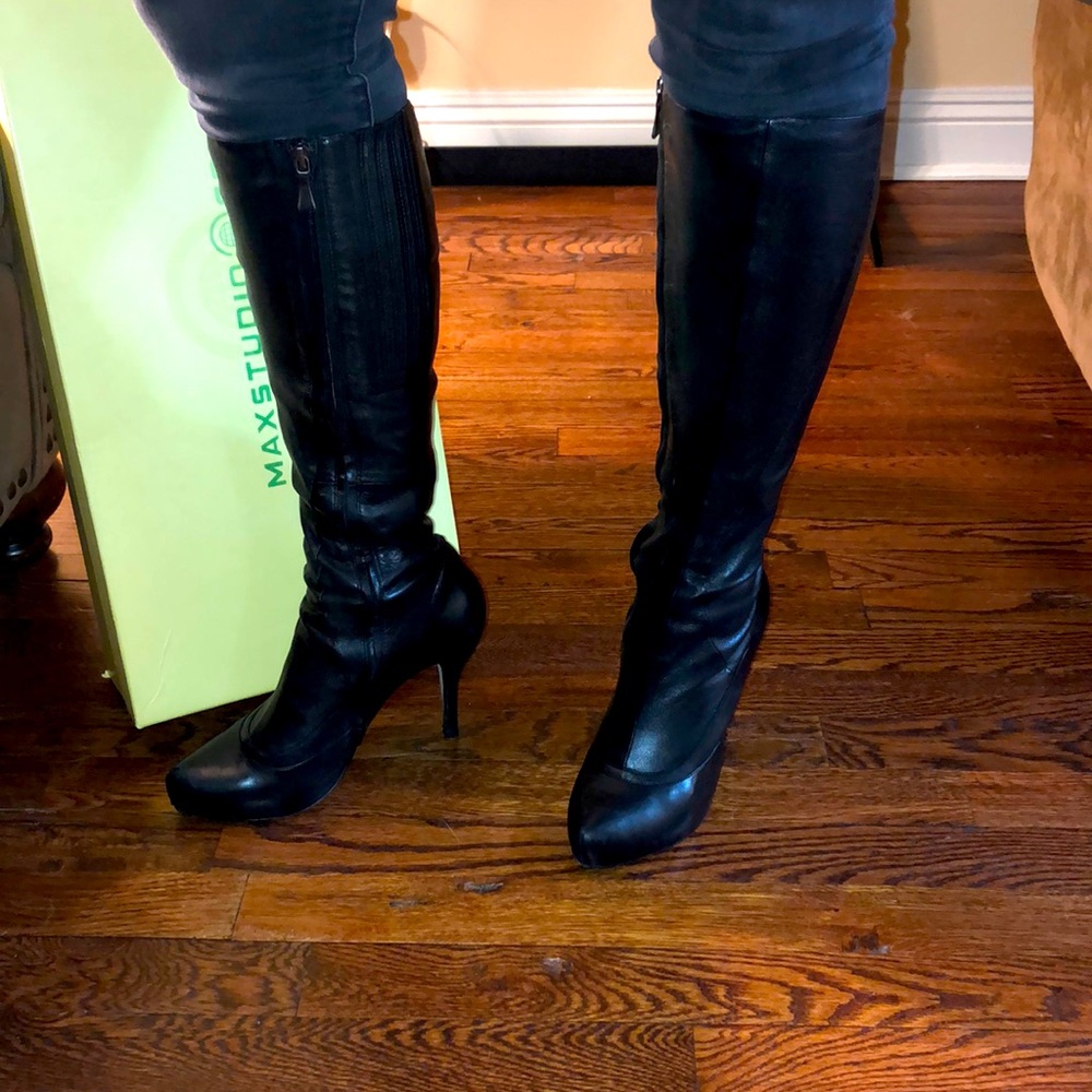 Max Studio Knee High Black Leather Boots